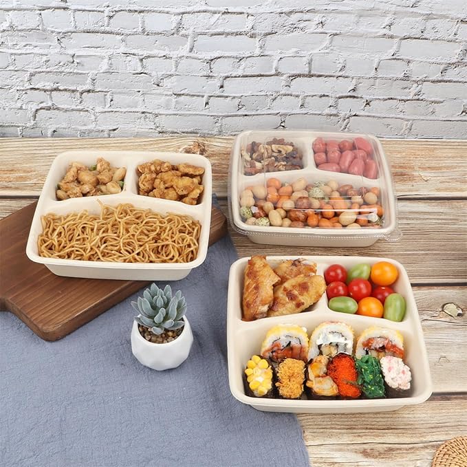 34 oz 3 compartments Square Disposable bowls with lids,Sugarcane Fibers Bowls take away food containers Plant Fibers Freezer Safe 25 Pack