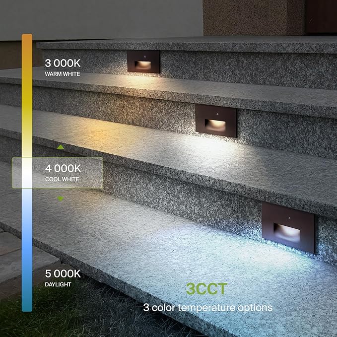 ASD LED Recessed Step Light Fixture, Dusk to Dawn Outdoor Tread Lighting | 3CCT, Photocell, Waterproof, ETL Listed | 3W 120LM 3000K-5000K 120V | Staircase Hardwired Illumination | Dark Bronze, 4 Pack