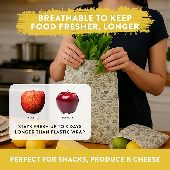 Beeswax Wrap Storage Bag, Reusable Food Storage Bags, Pack of 6, Plastic Free Biodegradable Food Wrap Alternative, Family Pack, 3 Small + 2 Medium + 1 Large, (grey)