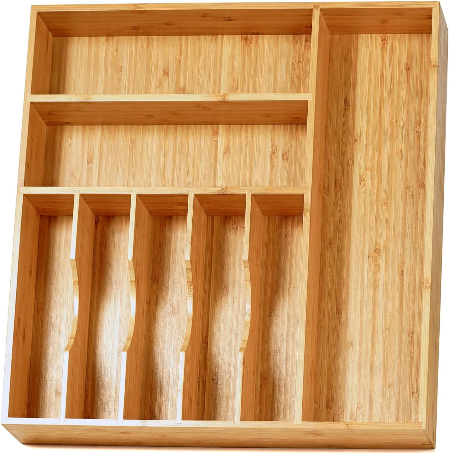 Umilife Large Kitchen Drawer Organizer, 19"x19" Silverware Utensils Organizer, 2.5" High for Large Deep Drawers, Bamboo Flatware Holder with Thick Frames, Sturdy Kitchen Organization Tray