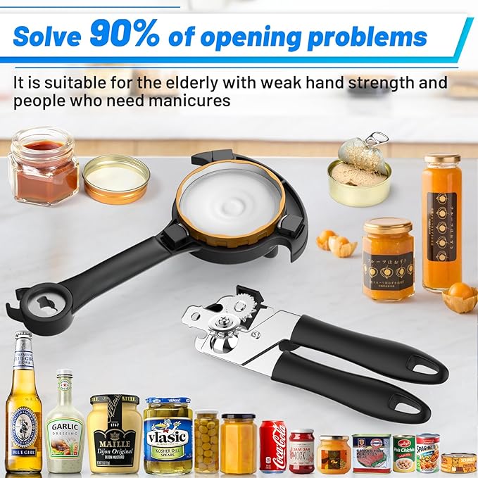 Heavy Duty 2pcs Jar Lid Opener & Can Opener 9 in 1, Non-Slip Grip for Seniors, Kitchen Tools Effortless Multi for Weak Hands & Metal Smooth Edge,Open Any Size Jar & Bottle