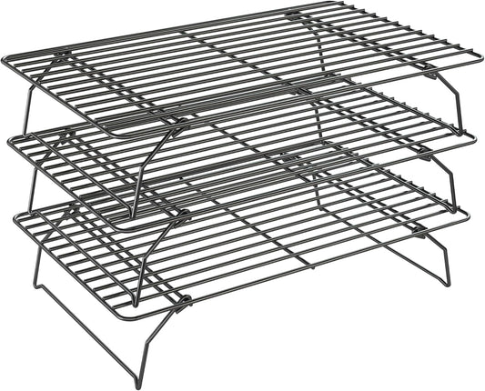 3 Tier Stackable Cooling Rack for Batch Cooling Cookie, Pizza, Cake-15.8”x 10”- Heavy Duty Cooling Racks for Cooking and Baking, Oven and Dishwasher Safe Baking Supplies-Black