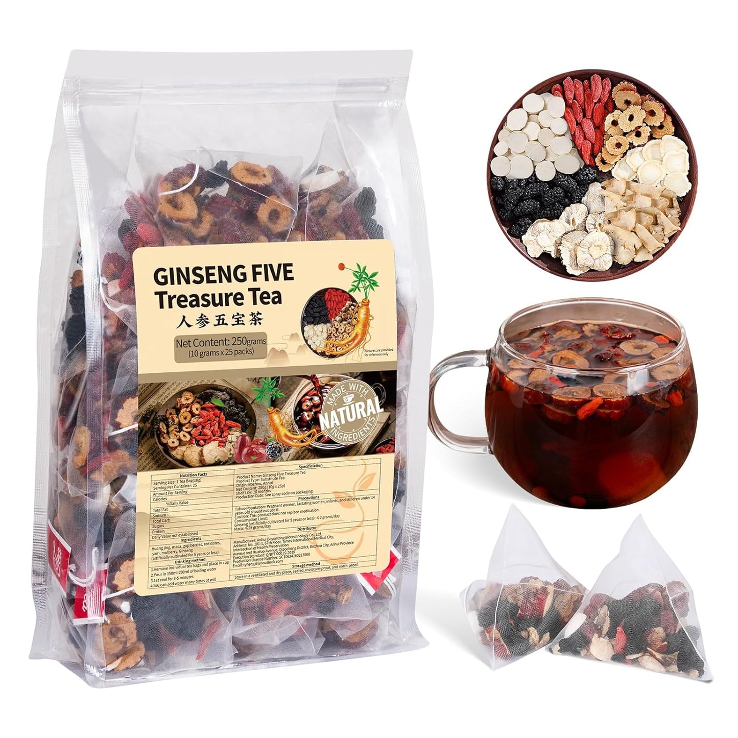Ginseng Five Treasures Tea Kidney Tea, Traditional Chinese Herbal Tea, Natural Organic Kidney Cleanse Detox Tea for Women & Men, 7 Precious Ingredients Formula(1 Pack/25 Bags)