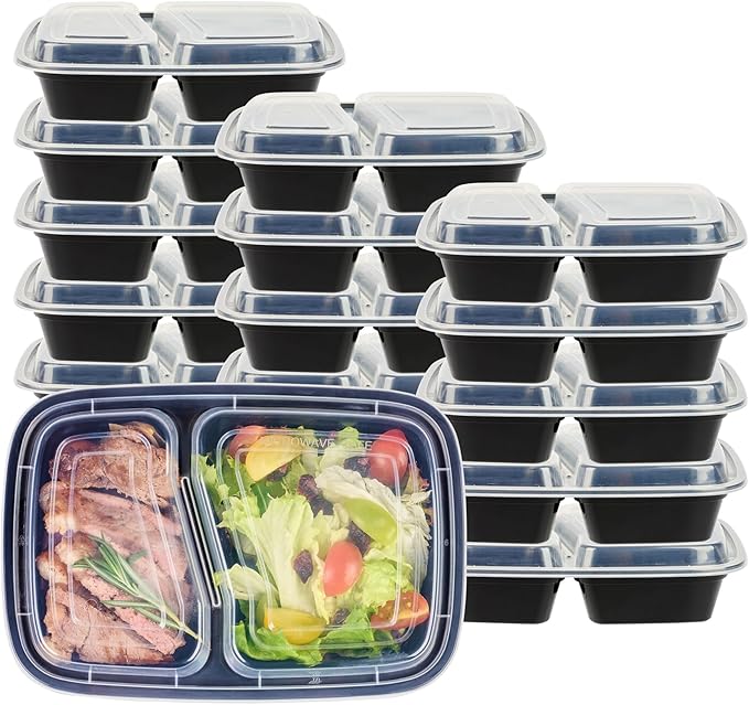 Restaurantware Asporto 32 Ounce Compartment Take Out Boxes, 50 Microwavable Meal Prep Containers - 2 Compartments, With Clear Plastic Lids, Black Plastic Food Containers, Do Not Contain BPA