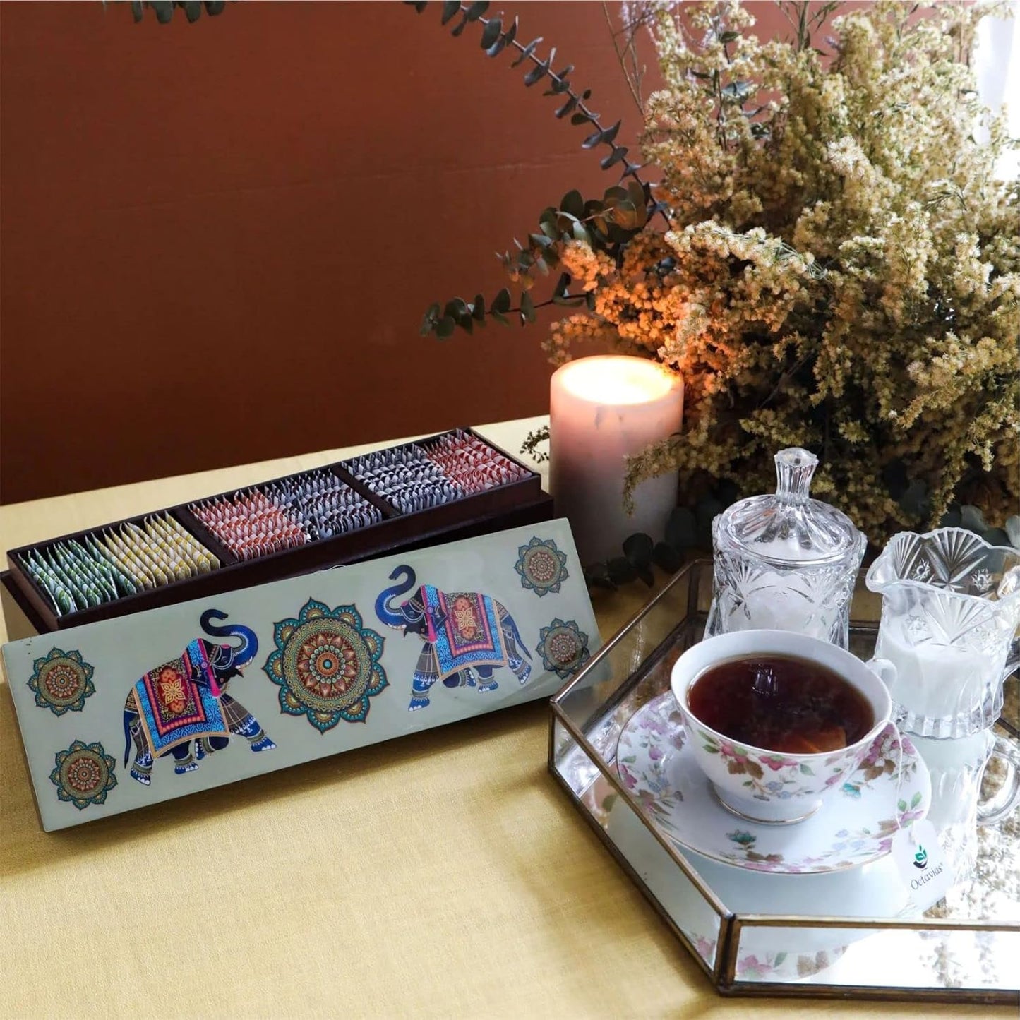 Octavius Gift's Select - Assorted Tea in Elephant Printed Wooden Box | 6 Flavors Black & Green, 60 Tea Bags | | Tea Gifts for Teas Lovers