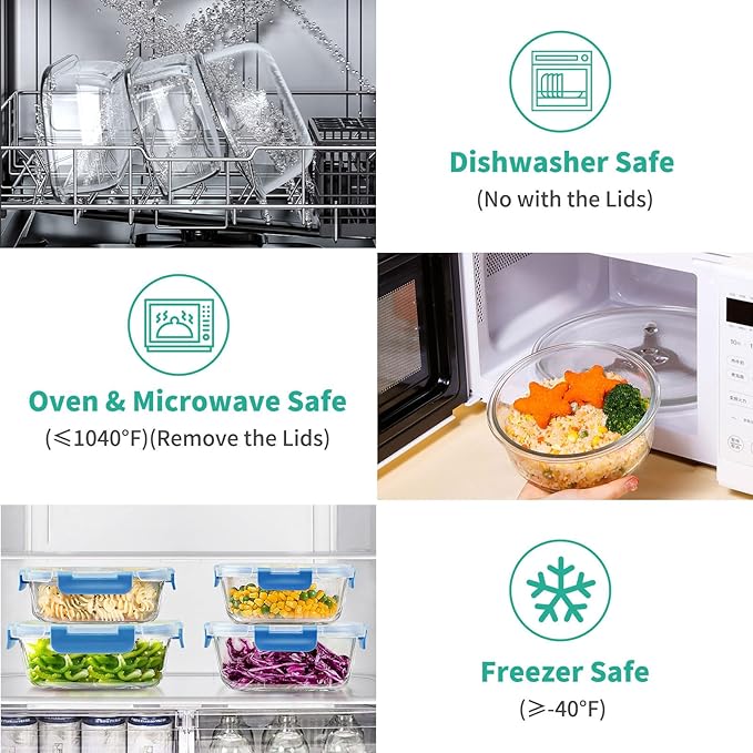 34pcs Glass Food Storage Containers with Lids Set, Airtight Glass Meal Prep Containers (17 Containers & 17 Lids), Leak Proof Lunch Containers BPA-Free, Microwave, Oven, Freezer, Dishwasher Safe-Blue