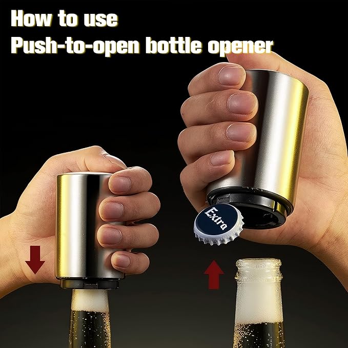 Magnetic Beer Bottle Opener with Automatic Cap Catcher, Ultra Premium Stainless Steel Soda & Beer Bottle Opener, Push & Pull Convenient Design Bar Accessory (8 pcs)