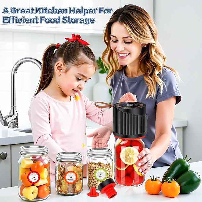 Electric Mason Jar Vacuum Sealer for Wide and Regular Mouth, 4 in 1 Auto Stop Mason Jar Vacuum Sealer Kit, Cordless Portable Canning Vacuum Sealer Machine for Canning Pickling Food Storage
