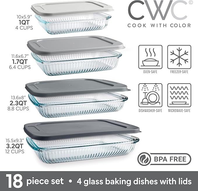 COOK WITH COLOR 8-Piece Deep Glass Baking Dish Set with Plastic Lids – Casserole and Food Storage Containers for Lasagna, Leftovers – Freezer-to-Oven, Microwave & Dishwasher Safe, Fluted Grey