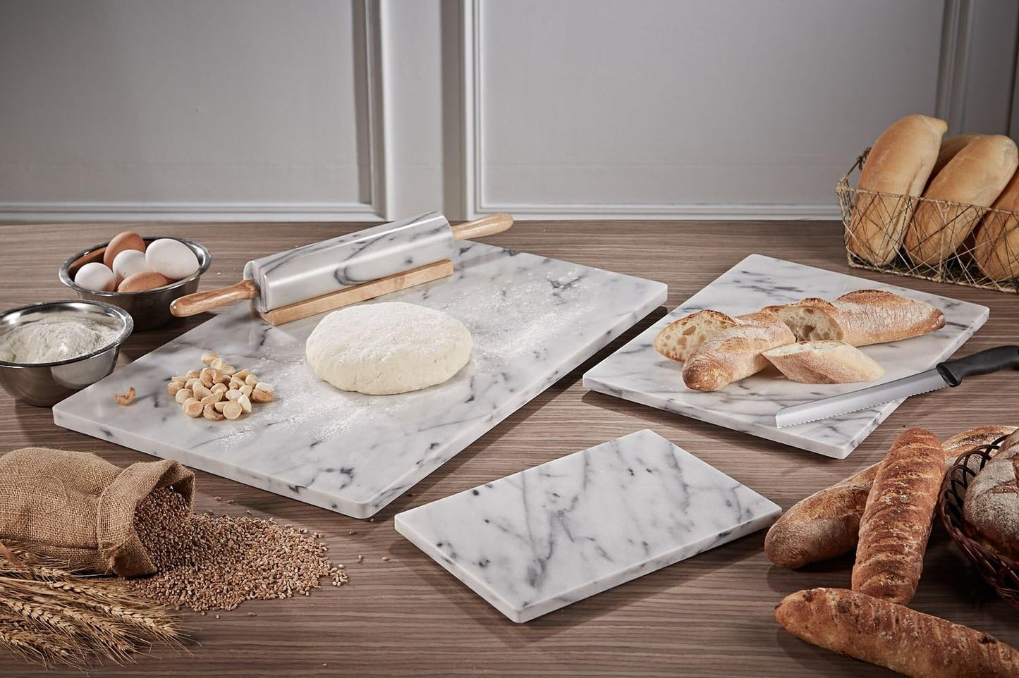 JEmarble Pastry Board 16x20 inch Set with Rolling Pin/Wooden Handles 18 inch(White) Non-Slip Rubber Feets for Stability Perfect for Keep the Dough Cool and Chocolate Tempering(Premium Quality)