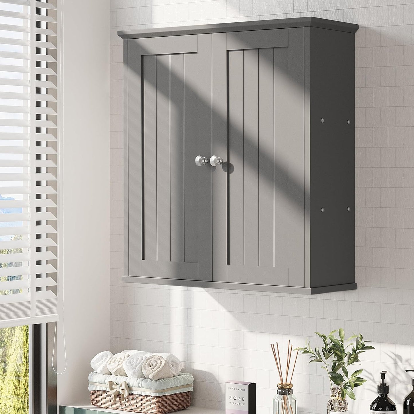 Meilocar Bathroom Wall Cabinet, Bathroom Cabinet Wall Mount, Over Toilet Space Saver Storage Cabinets Wall Mounted, Wood Medicine Cabinets with Doors, Grey