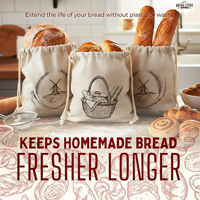 Linen Bread Bag – Reusable Linen Bags for Homemade Bread & Sourdough | Cloth Bags for Sourdough, Artisan Loaves, & Pastries | Unbleached Natural Fabric with Drawstring Closure, 3-Pack, 11 x 15"