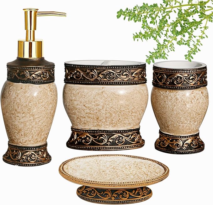 Bathroom Decor Accessories Set,4 PCS Including Soap Dispenser, Toothbrush Holder, Tumbler and Soap Dish, Bronze