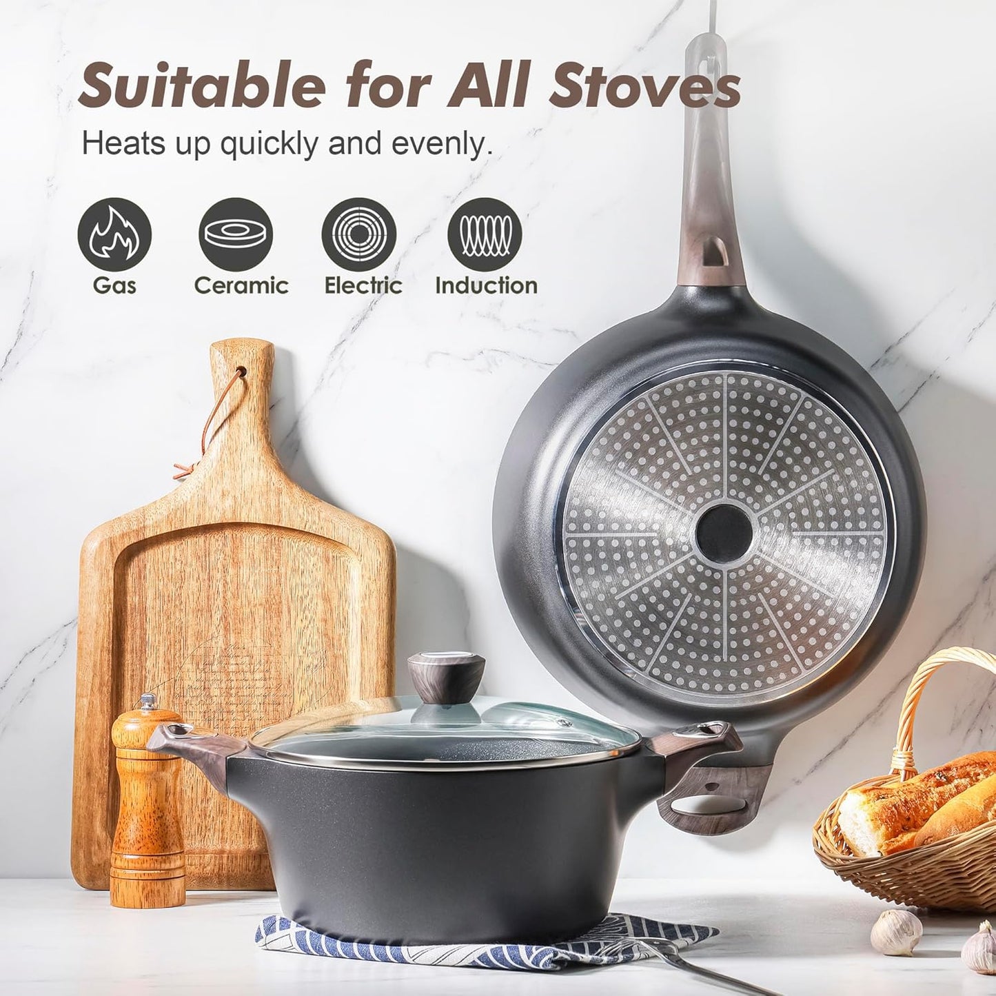 SENSARTE Pots and Pans Set Non stick, Non toxic Healthy Induction Cookware Sets, 14 Pcs Non Stick Kitchen Cooking Set with Frying Pans Set & Saucepan, PFOA PFOS APEO Free, Black