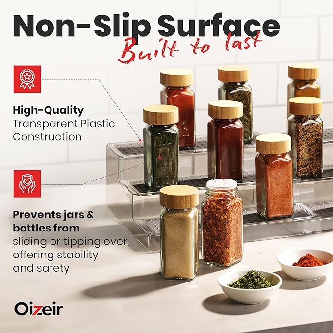 Expandable Spice Organizer Rack (2-PACK) - 3-Tier - Clear Adjustable Tiered Shelf Spices Organization for Kitchen Cabinet and Pantry Storage