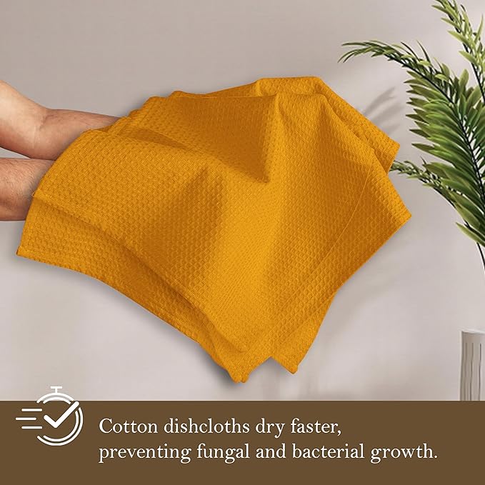 Mustard Yellow Waffle Dishcloths, 12"x12", Absorbent, Soft, Durable, 100% Cotton, Fast Drying, Machine Washable, Reusable, Perfect for Kitchen Cleaning, Multipurpose Towels, Set of 12