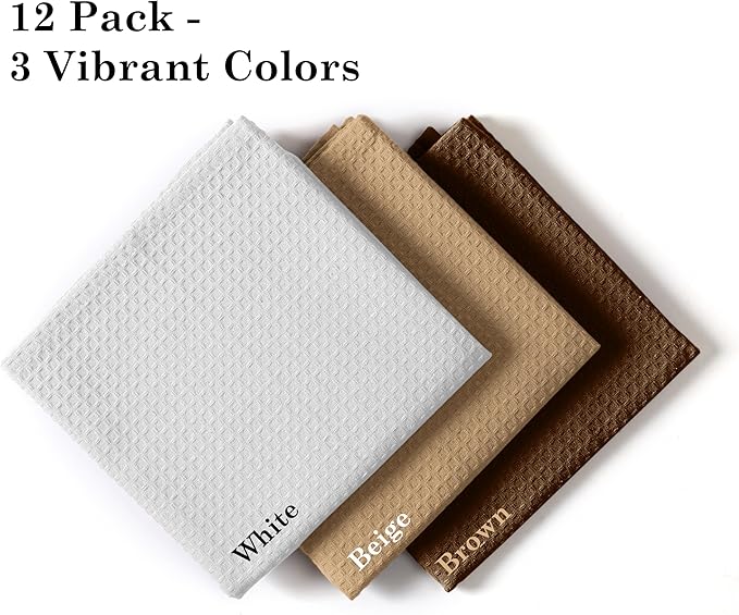Waffle Dishcloths, 12x12 Inch, Absorbent, Soft, Durable, 100%, Quick Drying, Reusable, Ideal for Kitchen Cleaning, Cotton Hand Towels, Set of 12, Brown, Beige, White