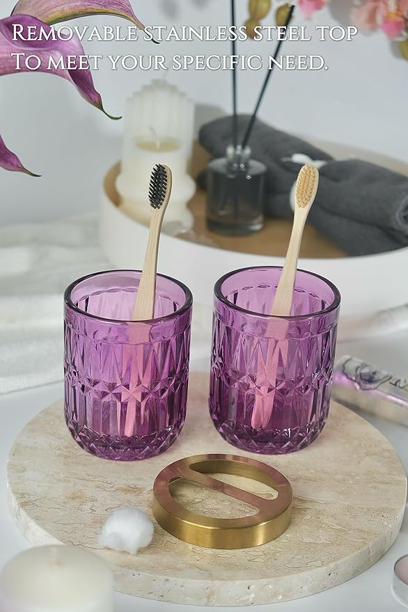 Purple Bathroom Accessories Set, 5Pcs Clear Glass Bathroom Accessories, Crystal Lotion Soap Dispenser, Toothbrush Holder Set, Soap Dish, Qtip Holder, Tumbler for Modern Bathroom Decor