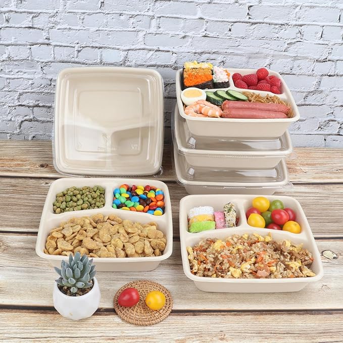 34 oz 3 compartments Square Disposable bowls with lids,Sugarcane Fibers Bowls take away food containers Plant Fibers Freezer Safe 25 Pack