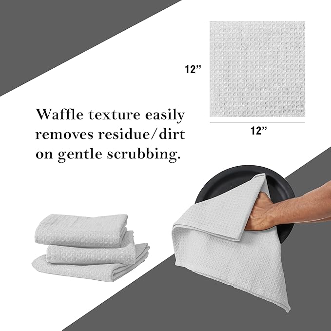 White Waffle Dishcloths, 12"x12", 100% Cotton, Soft, Absorbent, Durable, Quick Drying, Reusable, and Machine Washable, Ideal for Drying Dishes, Cleaning, Multipurpose Towels, Set of 12