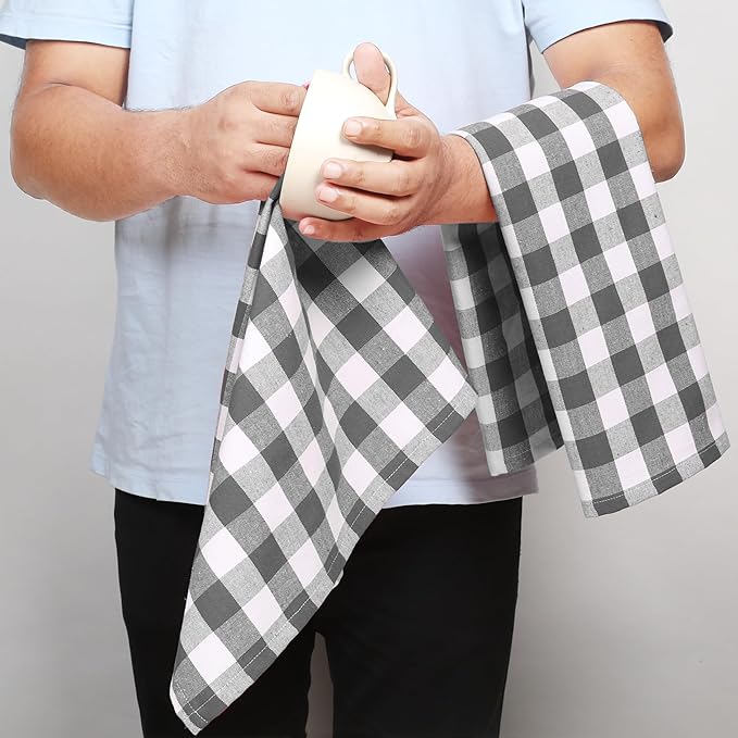 Grey Gingham Kitchen Towels, 18x26 Inches, Soft, Absorbent, Quick Drying, 100% Cotton, Washable & Reusable, Premium Quality Checkered Towels for Drying Dishes, Multipurpose Cleaning