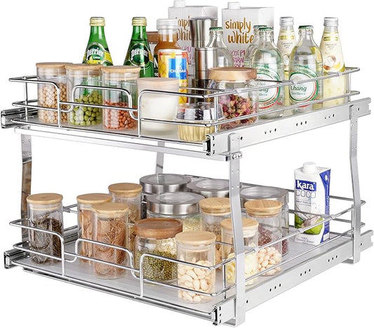 VEVOR 20"Wx21"D Pull Out Cabinet Organizer, 20"Wx21"D 2 Tier Heavy Duty Slide Out Pantry Shelves, Chrome-Plated Steel Roll Out Drawers, Sliding Drawer Storage, 21.5"Wx22"D Install Size for Cabinet