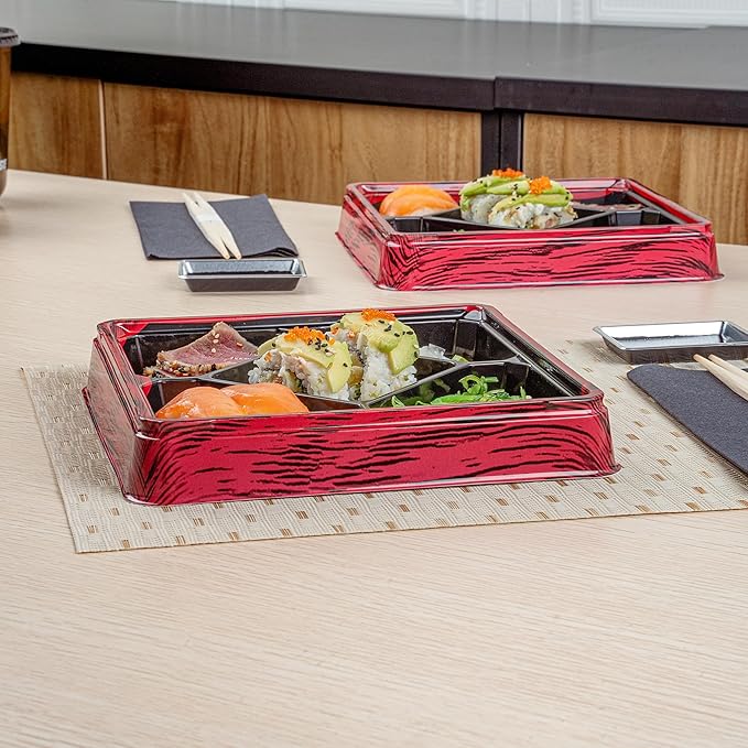 Restaurantware Bento Tek 18.6 Ounce Meal Prep Containers, 50 Disposable To Go Food Boxes - Lids Sold Separately, 5 Compartments, Red And Black Plastic Bento Lunch Boxes, Freezable, For Take Out