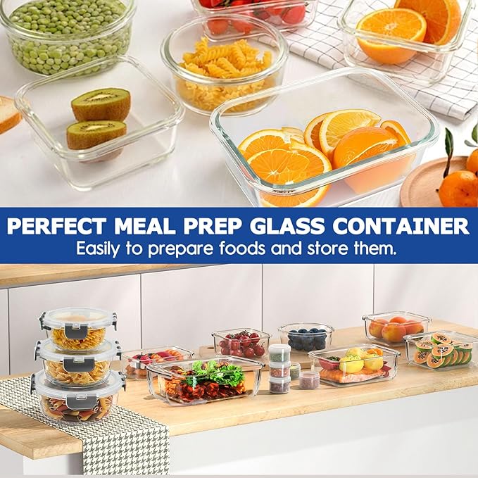 42pcs Glass Food Storage Containers with Lids Set, 21 Containers & 21 Lids Glass Meal Prep Containers with Snap Locking Lid Set, Leak Proof Lunch Container BPA-Free,Grey