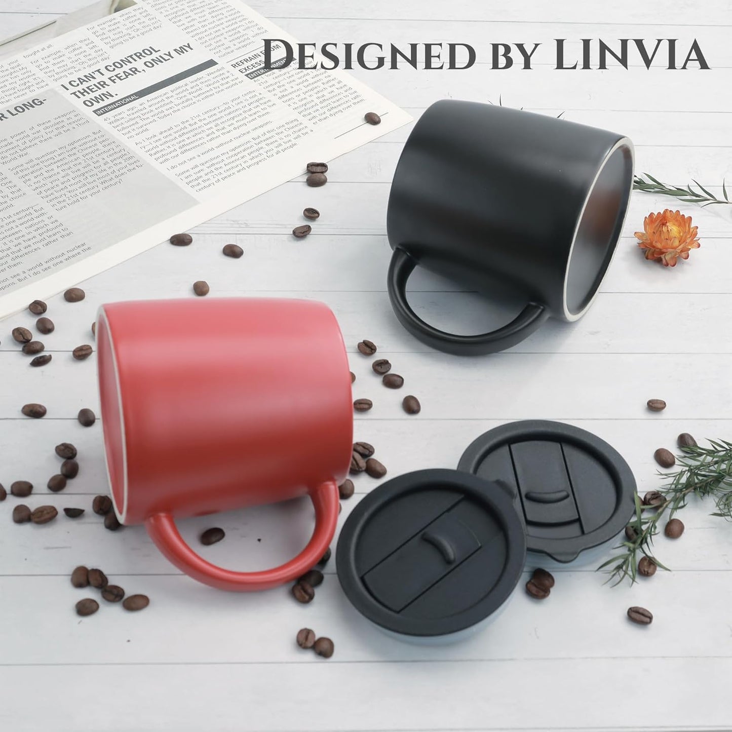 Classic Mug, 14 oz Large Coffee Mug with Handle, Ceramic Porcelain Tea Cup, Smooth Matte (Sliding Lid, Red)