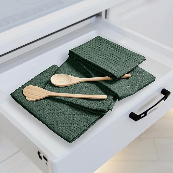 Olive Green Waffle Kitchen Towels, 16"x26", Durable, Soft, Absorbent, 100% Cotton, Fast Drying, Reusable, Machine Washable, Ideal for Cleaning, Multipurpose Towels, 4 Pack