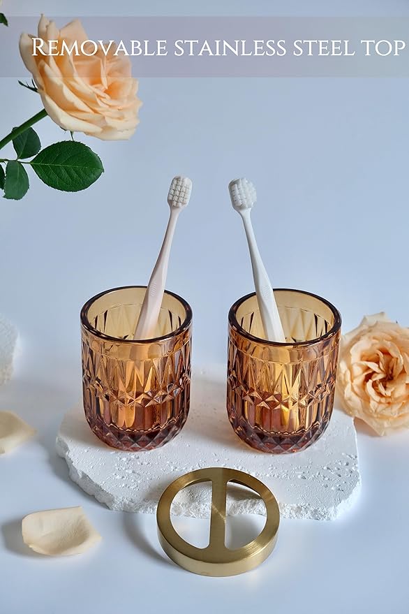 Amber Brown Bathroom Accessories Set, 5Pcs Clear Glass Bathroom Accessories, Hand Soap Dispenser, Soap Dish, Toothbrush Holder Set, Qtips Holder for Crystal Vintage Bathroom Decor, Gift Set