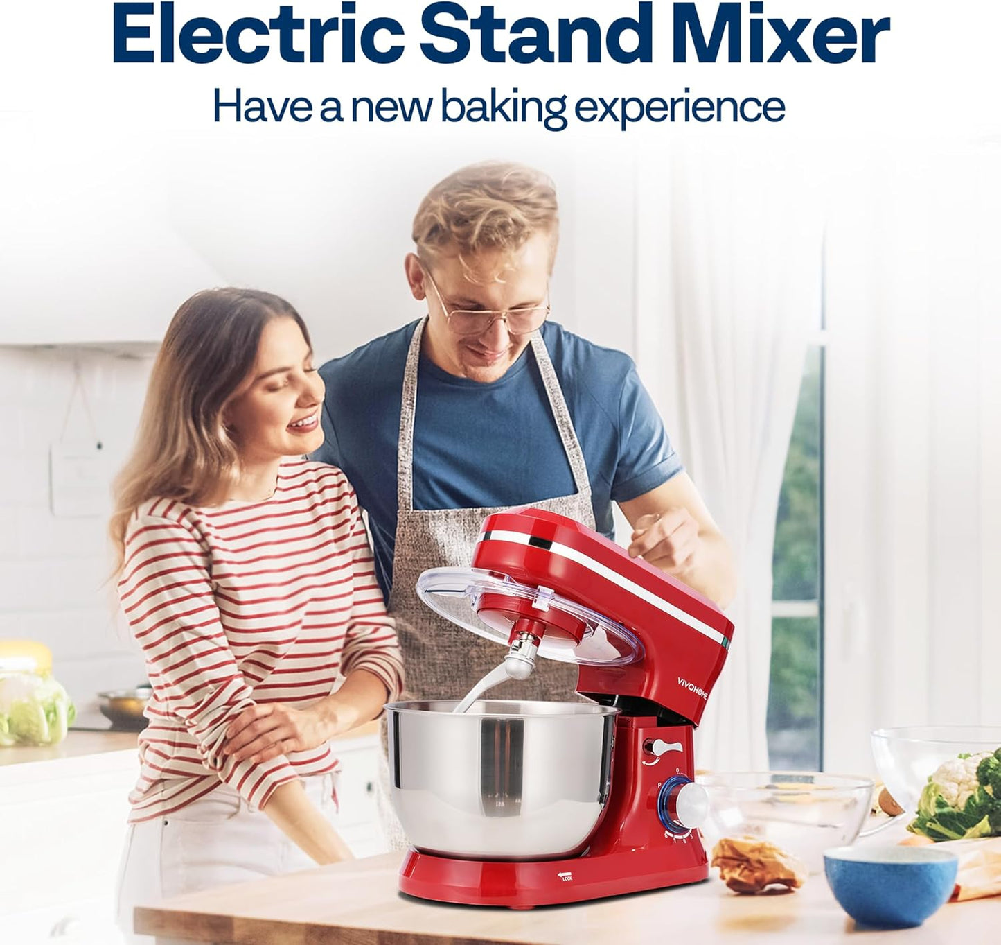 VIVOHOME 4.75 Quart Stand Mixer, 8 Speed Kitchen Electric Food Mixer, Household Stand Mixer for Baking, Cake, Bread with Beater, Dough Hook, Wire Whip and Egg Separator, Red