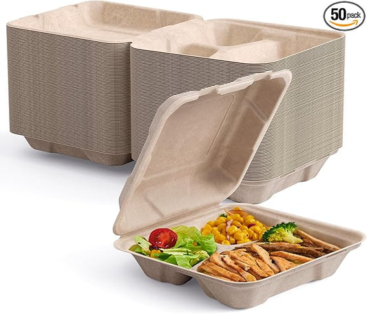 ECOLipak 50 Pack Clamshell To Go Containers, 100% Compostable Disposable Take Out Food Containers, 8X8 3-Compartment Heavy-Duty To Go Boxes,Eco-Friendly Biodegradable To Go Containers For Food
