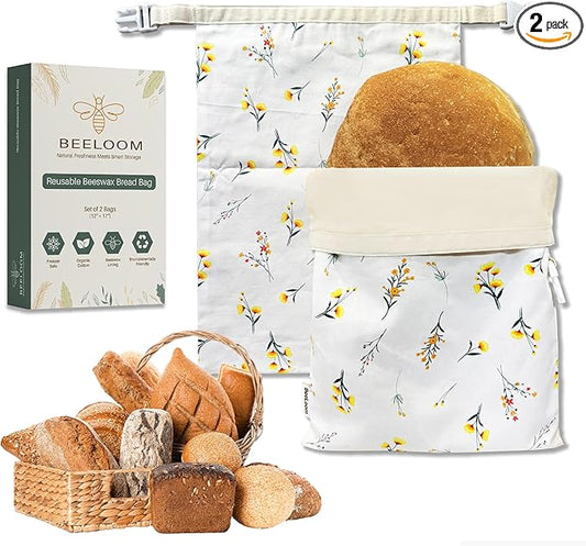 XL Reusable Beeswax Bread Bags (Set of 2) – 100% Cotton & Beeswax Lining – Eco-Friendly - Freezer Safe - Keeps Bread Fresh Longer -Easy to Clean Cloth Bags for Sourdough