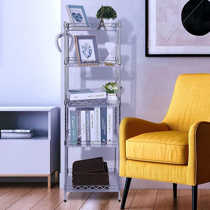 Storage Shelves, 5-Tier Wire Shelving Unit with Baskets Storage Rack Corner Shelf Shelving Adjustable Storage Shelf, 11.8" D x 15.7" W x 62.99" H,Silver