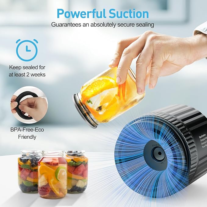 2025 Latest Electric Mason Jar Vacuum Sealer Kit, Firm Sealing & Anti-Slip, Bonus Lips*10 & Labels*10 & Bottle Opener*1, One Button Start Easy to Operate, for Wide Mouth or Regular Mouth of Mason Jars