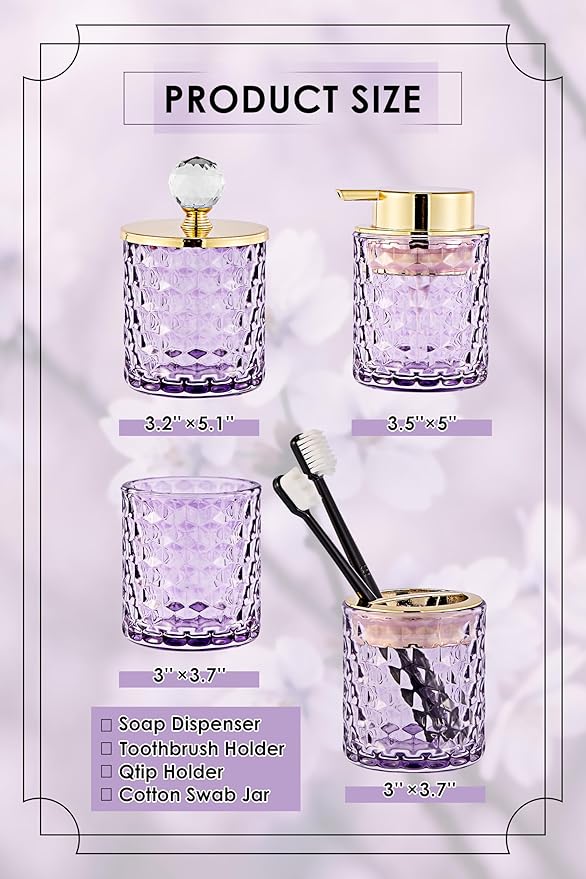 Purple Bathroom Accessories, 4Pcs Purple Bathroom Accessory Set Complete, Toothbrush Holder Set, Soap Dispenser, Qtip Holder, Tumbler, Perfect for Bathroom Decor and Vanit