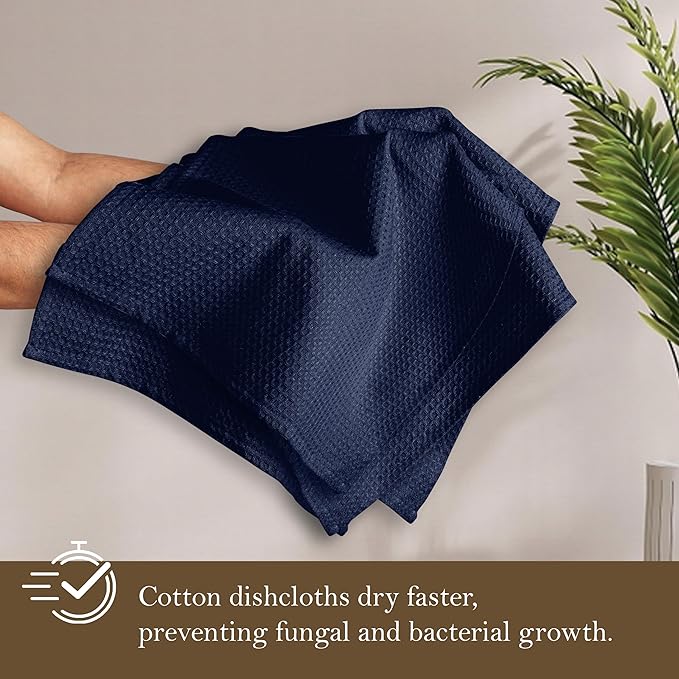 Navy Waffle Dishcloths, 12"x12", Soft, Absorbent, Durable, Quick Drying, 100% Cotton, Reusable, Machine Washable, Ideal for Cleaning, Multipurpose Dish Towels, Set of 12