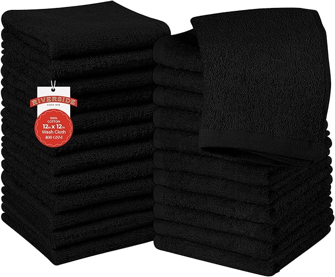 RIVERSIDE 24 Pack Washcloths Set - 100% Cotton [12x12 Inches] - Soft, Quick-Dry & Highly Absorbent Face Towels - Perfect for Bathroom, Gym, Hotel, Spa & Travel - Black