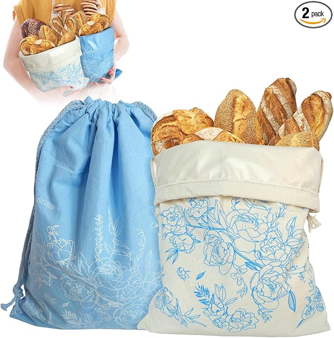 2 Pack Sourdough Bread Bags with Foodgrade TPU Lining, Linen Bread Bags for Homemade Breads, 16x12" Reusable Canvas Breads Bag with Drawstring Natural Large Storage for Fresh Keeping Loaf