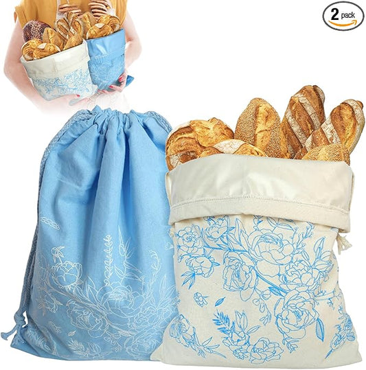 2 Pack Sourdough Bread Bags with Foodgrade TPU Lining, Linen Bread Bags for Homemade Breads, 16x12" Reusable Canvas Breads Bag with Drawstring Natural Large Storage for Fresh Keeping Loaf