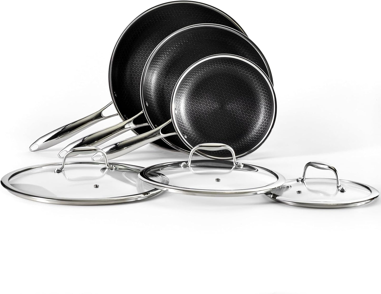 HexClad Hybrid Nonstick 6-Piece Fry Pan Set, 8, 10, and 12-Inch Frying Pans with Tempered Glass Lids, Stay-Cool Handles, Dishwasher-Friendly, Induction Ready, Compatible with All Cooktops