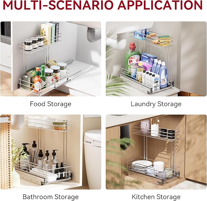 Under Sink Organizer 9"W X17"D, Pull Out Cabinet Organizer 2 Tier, Under Sink Slide Out Chrome Plated, Under Kitchen Bathroom Sink Organizer, Pantry Cabinet Closet Organization Rack, 2 Pack