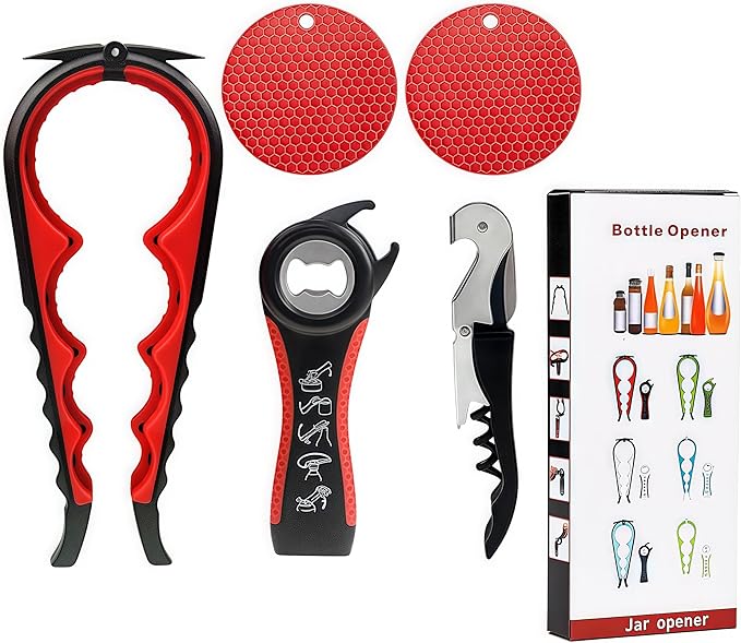 Jar Opener for Weak Hands, Seniors with Arthritis, 5-in-1 Jar & Bottle Opener Easy Grip - Non-Slip Silicone Gripper Pad, Easy Open Can/Lid Opener Set Black Red