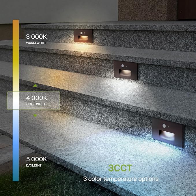 ASD LED Recessed Step Light Fixture, Dusk to Dawn Tread Lighting | 3CCT, Motion Sensor, Photocell, Waterproof, ETL Listed | 3W 120LM 3000K-5000K 120V | Staircase Illumination | Dark Bronze, 4 Pack