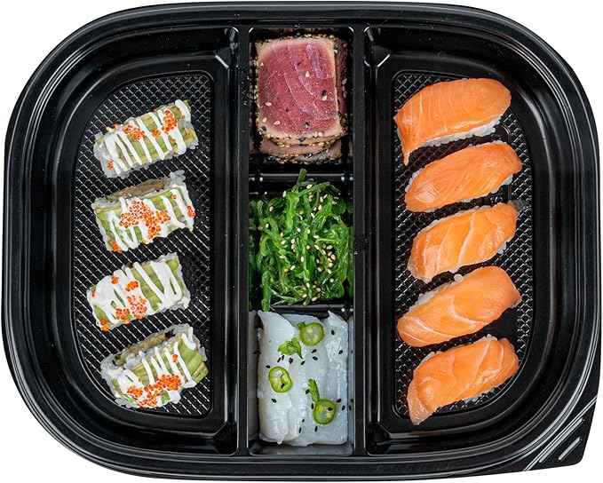 Restaurantware-Bento Tek 50.7 Ounce Meal Prep Containers, 100 Disposable To Go Food Boxes - Lids Sold Separately, 5 Compartments, Black Plastic Bento Lunch Boxes, Freezable, For Take Out