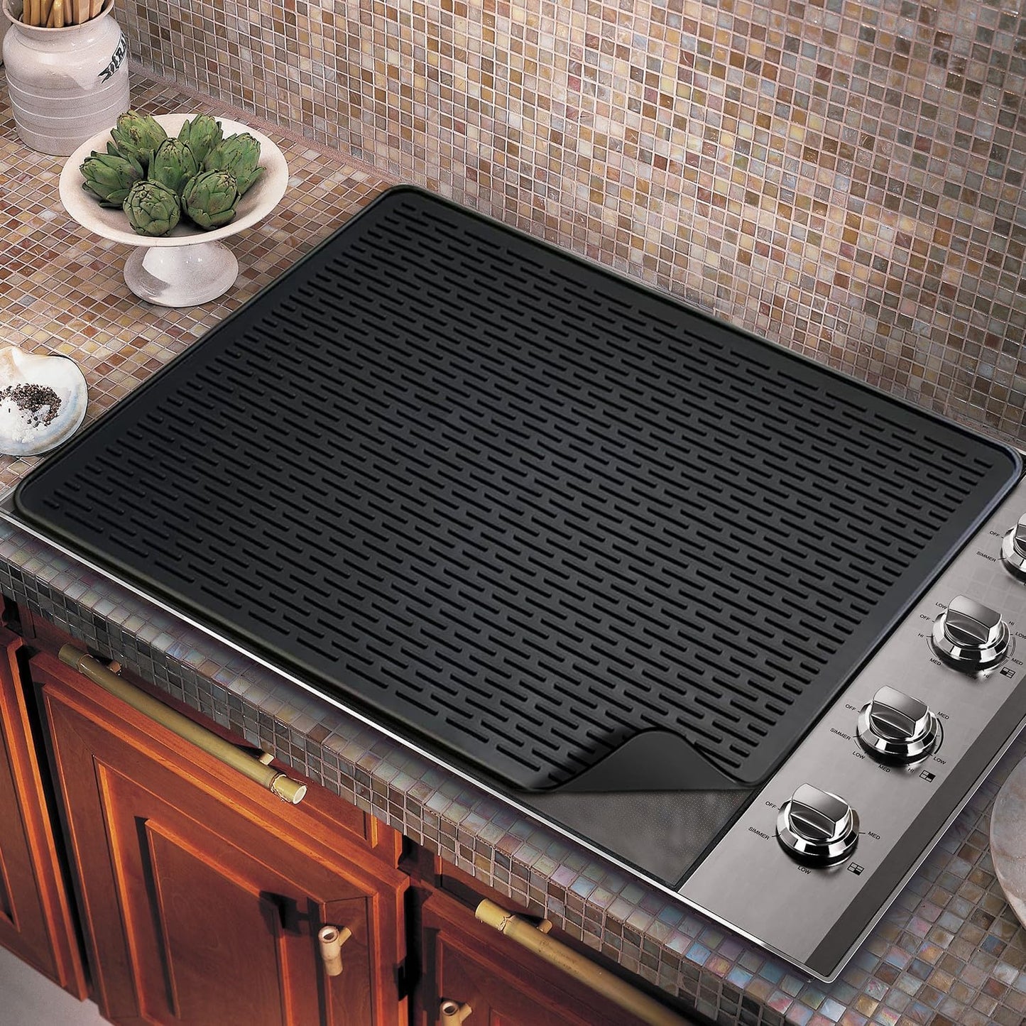 Golener Silicone Large Dish Drying Mat - 28" x 20" Stove Top Protector for Electric Stove, Food Grade, Foldable, Easy Clean, Heat-Resistant Mat for Glass Cooktop, Black