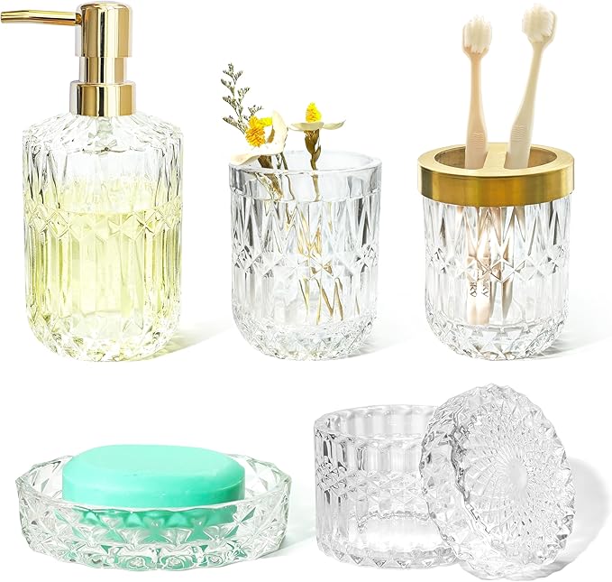 Glass Bathroom Accessories Set, 5pcs Crystal Clear Bathroom Accessories, Toothbrush Holder Set, Lotion Dispenser, Soap Dish, Tumbler, Qtips Holder, Vintage Bathroom Decor