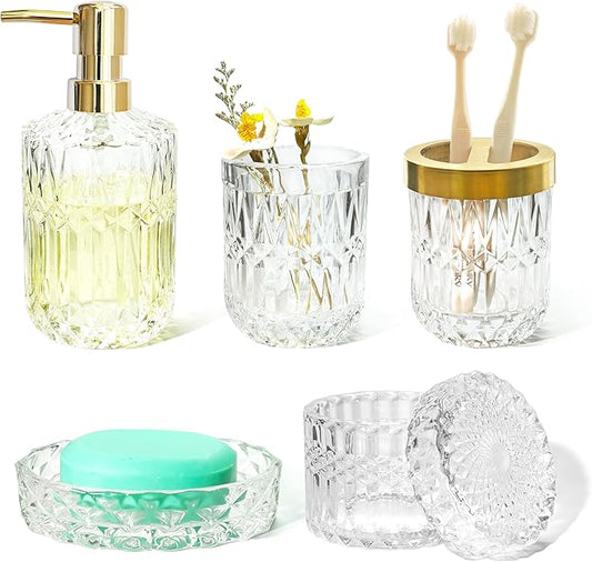 Glass Bathroom Accessories Set, 5pcs Crystal Clear Bathroom Accessories, Toothbrush Holder Set, Lotion Dispenser, Soap Dish, Tumbler, Qtips Holder, Vintage Bathroom Decor