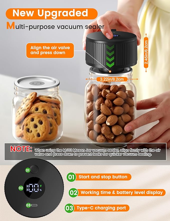 Electric Mason Jar Vacuum Sealer, MJ02 Cordless Automatic Mason Jars Vacuum Sealer Kit for Wide Mouth and Regular Mouth Mason Jars with 20 Air Valve Mason Lids & 2 Vacuum Bags